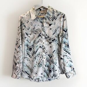 NWT‎ Chico's Print Shirt S Chevron Geometric Tropical Split Back Collared White
